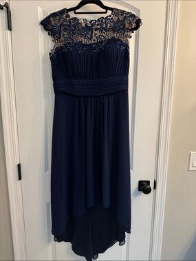 Ever Pretty Navy Blue High-Low Lace Applique Evening Dress